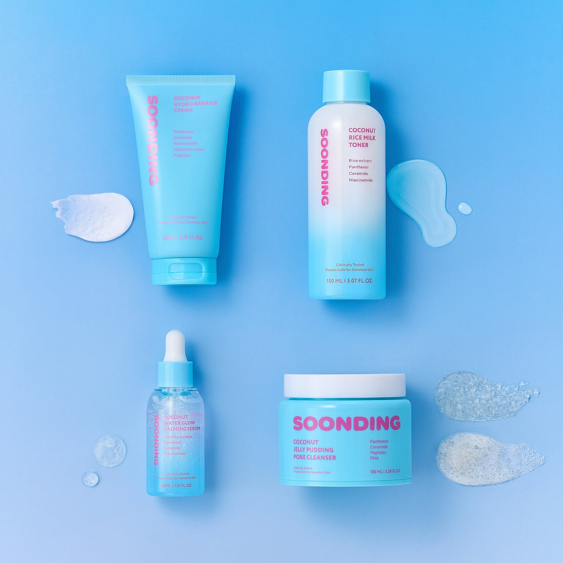 4 main skincare routine of SOONDING, made up with cleanser, toner, serum, and cream