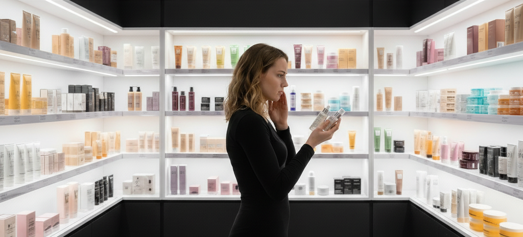 Young lady having a hard time choosing a skincare product